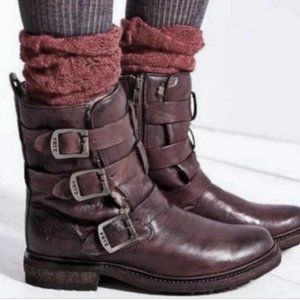 NIB FRYE 6 Valerie SHEARLING FUR-LINED Brown Leather Moto buckle ankle boots